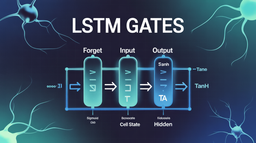 LSTM gates diagram with forget, input, output gates, cell state, hidden state, sigmoid and tanh symbols, and large title text